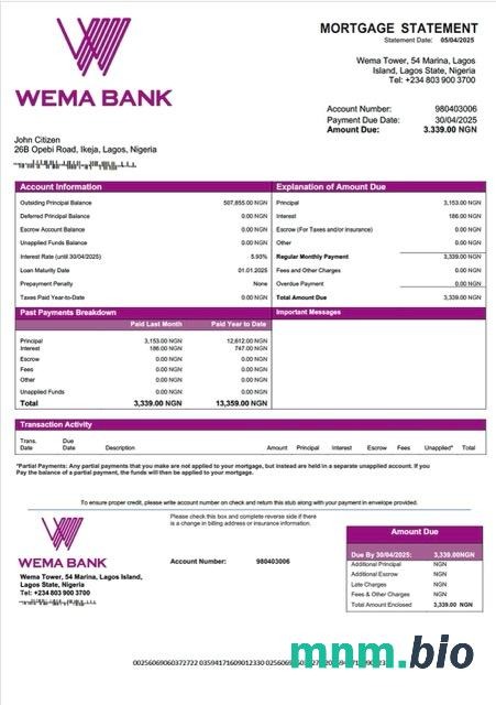 Nigeria Wema Bank wyciąg z kredytu hipotecznego szablon Word i PDF